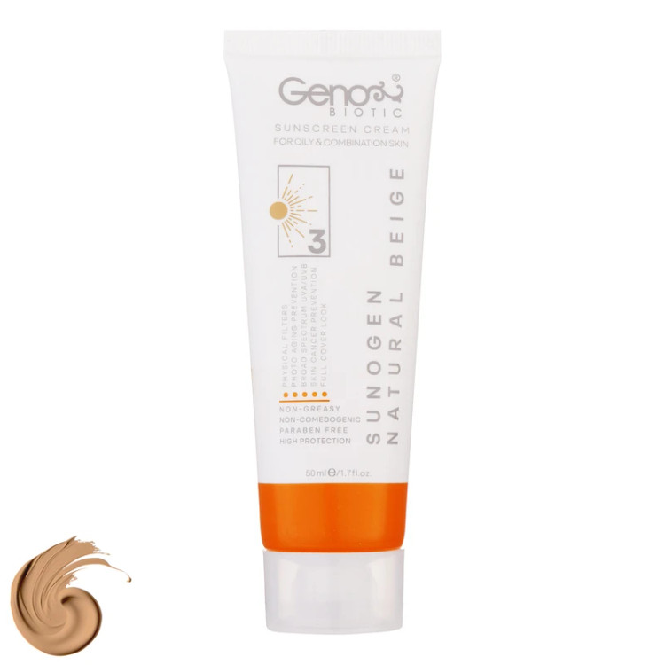 کرم ضد آفتاب رنگی ژنوبایوتیک، SPF50، مدل NB03، مناسب پوست چرب و مختلط رنگ متوسط و حجم 50 میلیلیتر