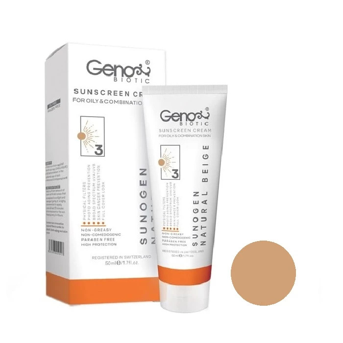 کرم ضد آفتاب رنگی ژنوبایوتیک، SPF50، مدل NB03، مناسب پوست چرب و مختلط رنگ متوسط و حجم 50 میلیلیتر