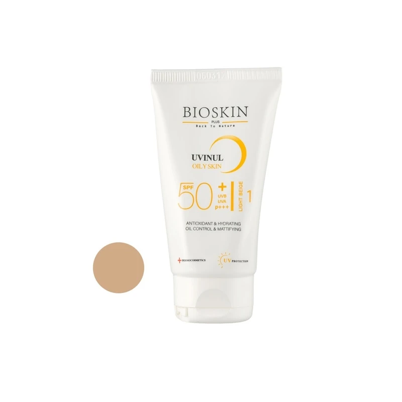 کرم ضد آفتاب رنگی بژ روشن بایو اسکین پلاس SPF 50 مدل OS محافظ UVA ،UVB و PA+++،مناسب برای پوست‌ چرب و مختلط حجم ۴۰ میلی‌لیتر